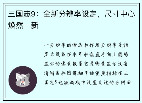 三国志9：全新分辨率设定，尺寸中心焕然一新