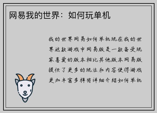网易我的世界：如何玩单机